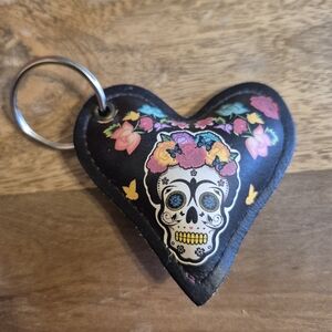 Heart-Shaped Skull Keychain with Floral Design